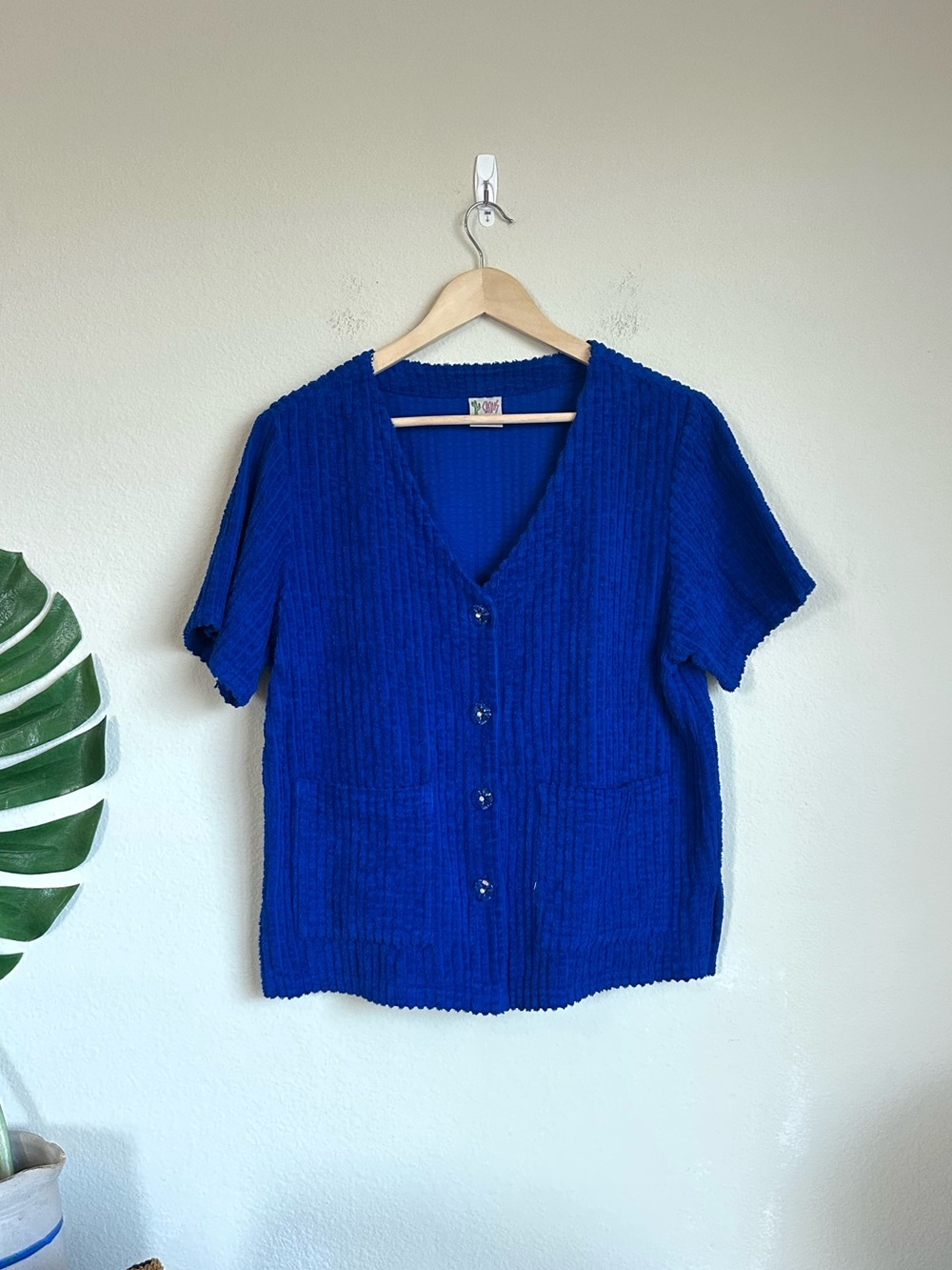 Vintage Cactus Chenille l Blue Short Sleeve Button Down Top